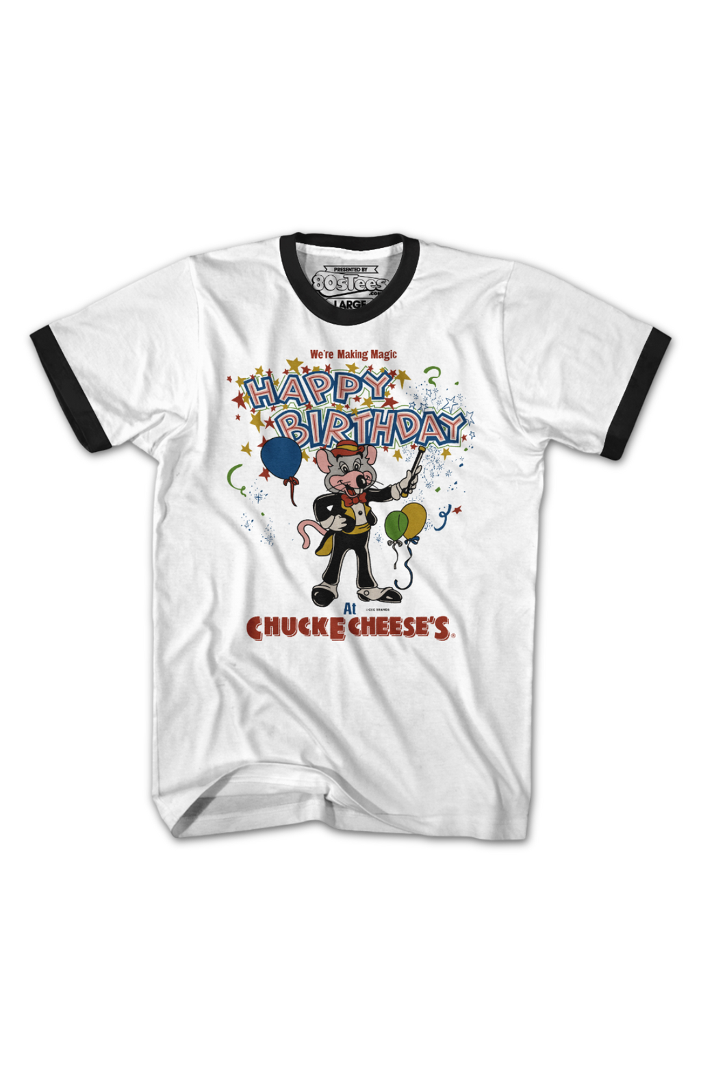 Making Magic Happy Birthday Chuck E. Cheese Ringer Shirt product image 2
